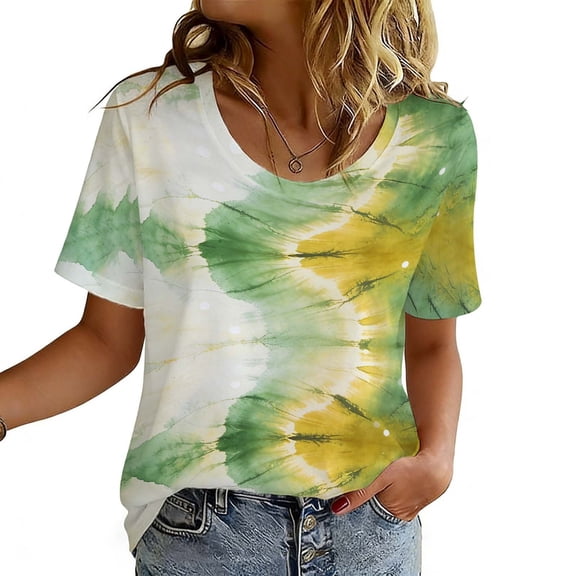 VOONCAS Womens Tie Dye T-Shirt Short Sleeve Crew Neck Relaxed Fit Green Yellow White Gradient Soft Stretchy Casual Top,Size XL