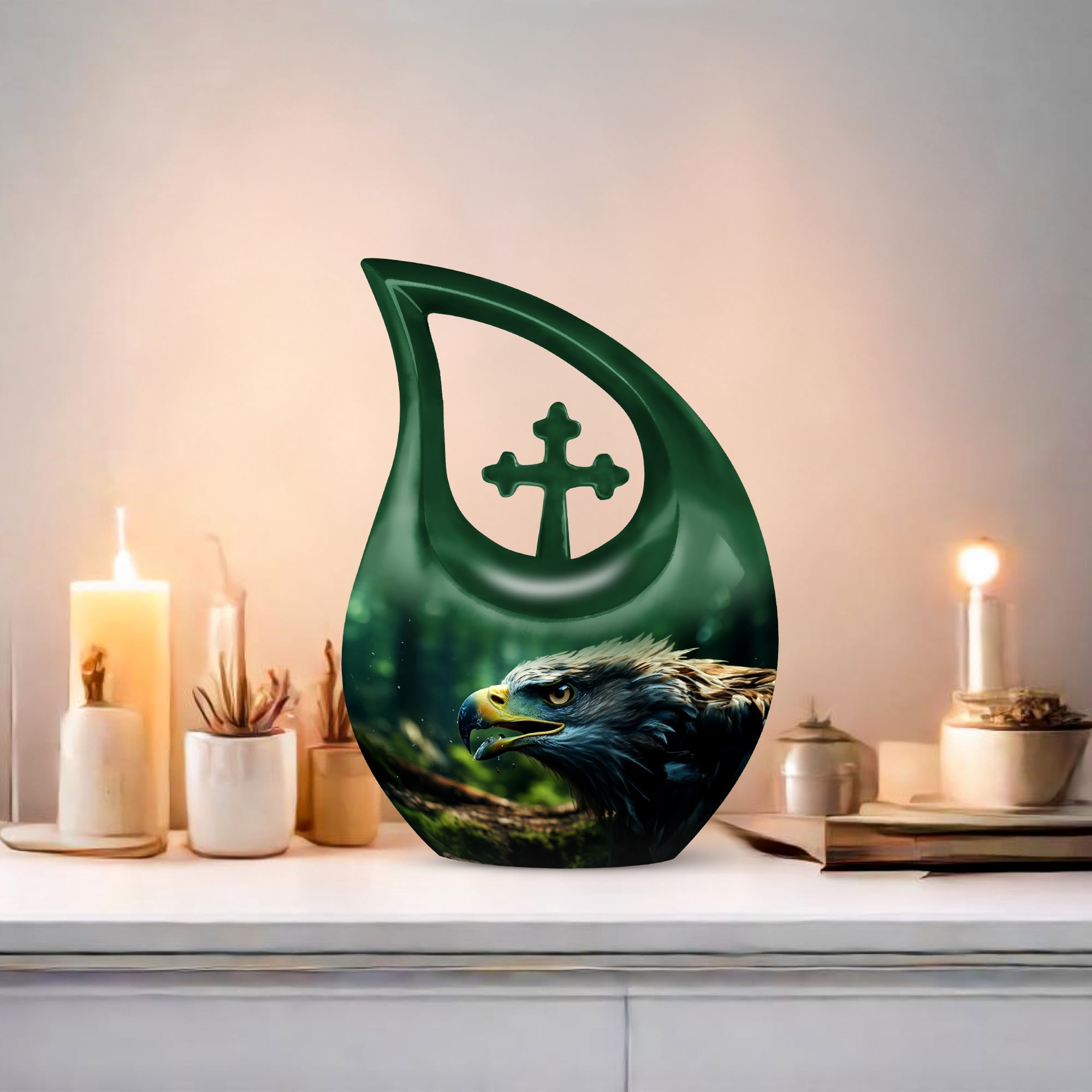 MUKTIVE Eagle Cremation Urns for Ashes for Men and Women - Large Cross Drop Burial Urn for Human Ashes - Green Funeral Urn with Lid - Memorial Gifts for Loss of Mom and Dad, 10 Inch