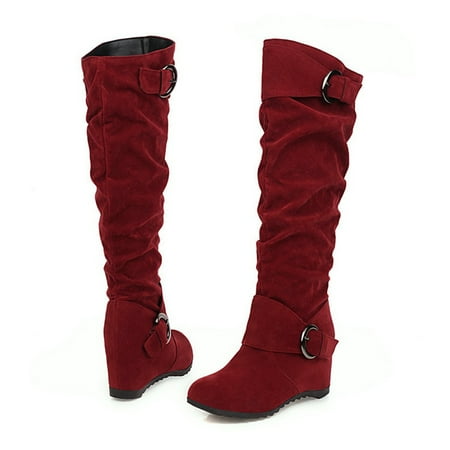 

Juebong Valentine s Day Deals Women Wedge Height Increase Shoes High Heel Casual Solid Color Slip-On Winter Warm Belt Buckle Knee-Length Knight Boots