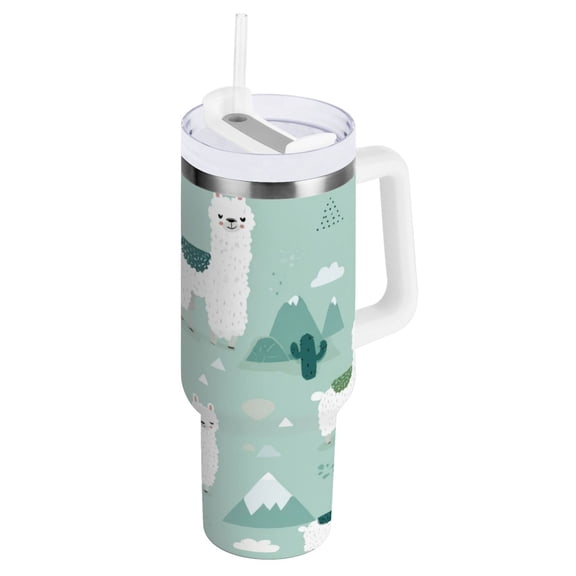 40 oz Insulated Stainless Steel Tumbler Double Wall Stainless Steel Tumbler with 2-Way Drinking Cute Cartoon Llama Pattern