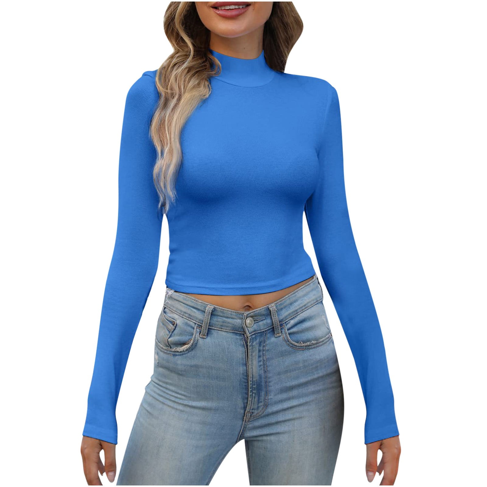 ZXHACSJ Women's Crop Top Long Sleeve Shirts Knit Slim Fitted Screw Thread  Casual Layer Tee Tops Blue L