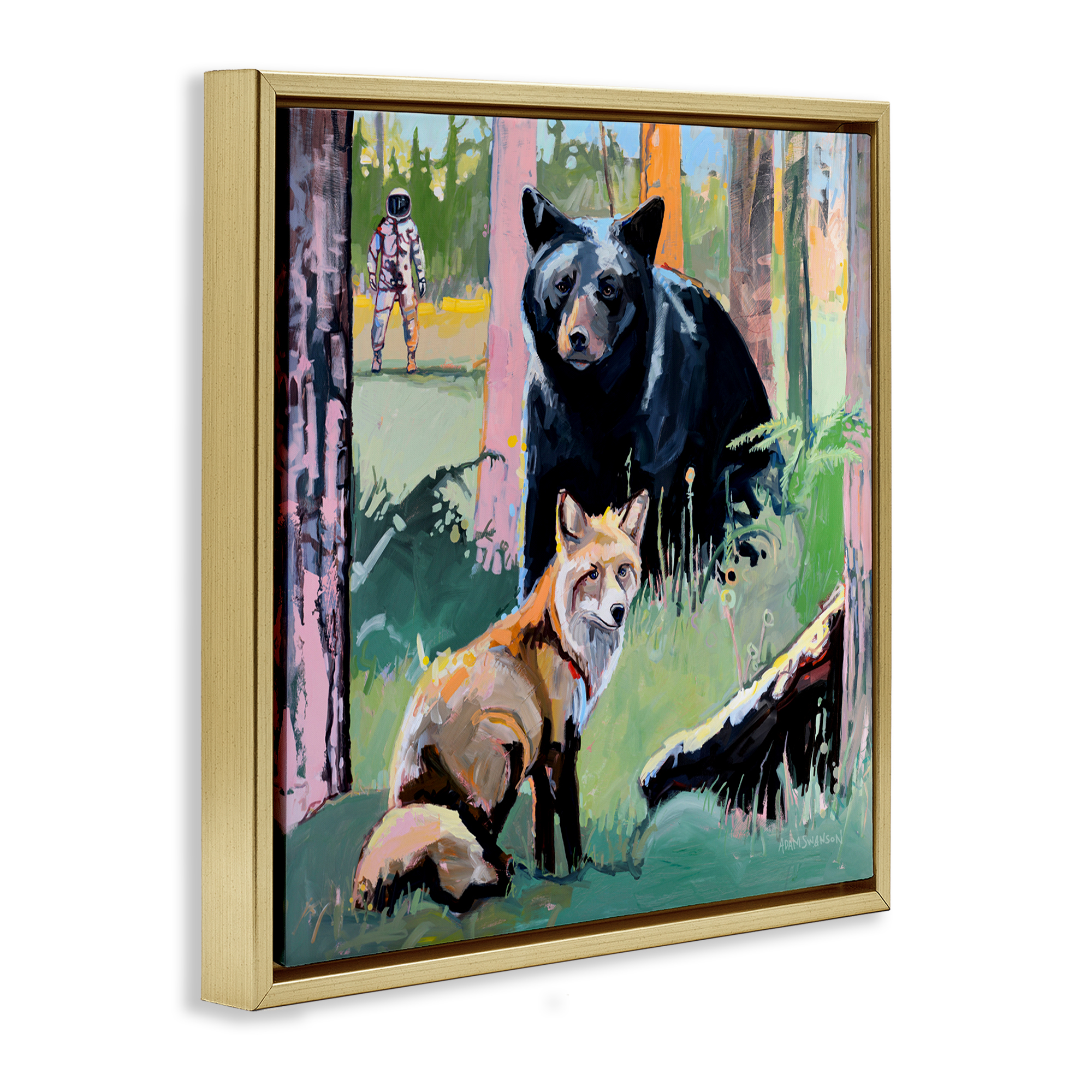 Forest Animals in Deep Space Gold Framed Floater Canvas Wall Art, design by Adam Swanson