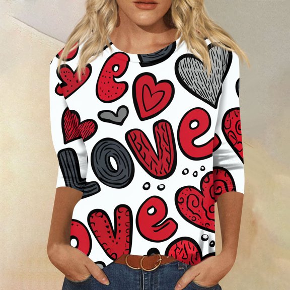 Iaqnaocc Valentines T Shirts for Women 3/4 Sleeve Plus Size Funny Love Heart Print Tee Causal Dressy Fall Spring Round Neck Graphic Tee Tops Red 3XL