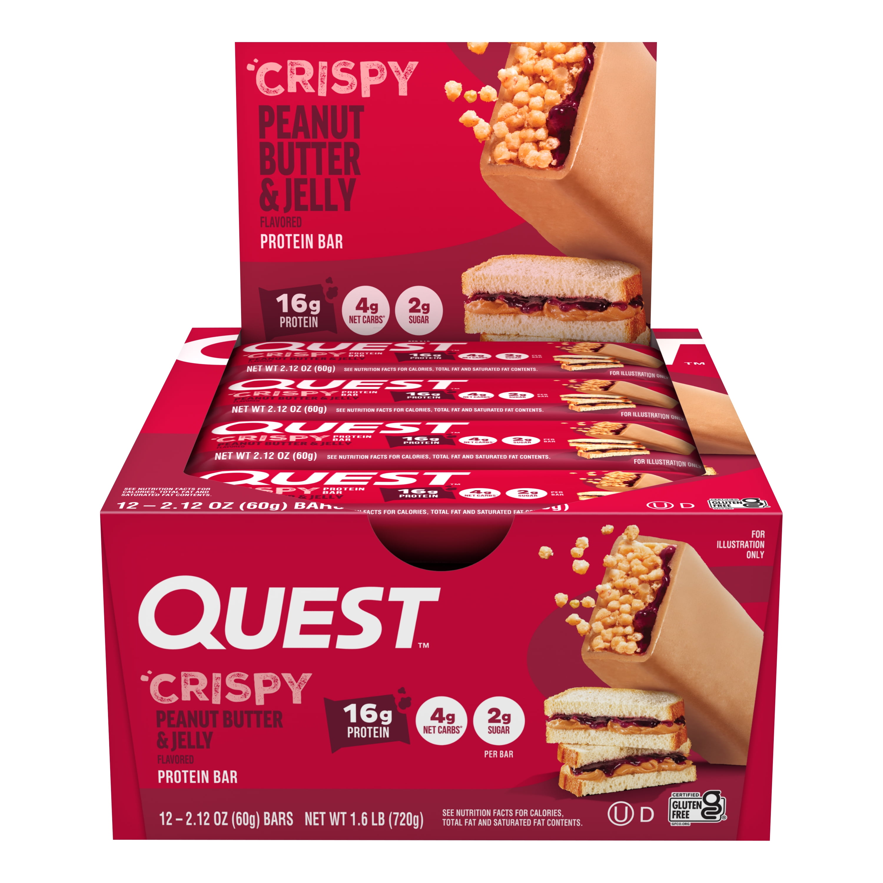 Quest Crispy Protein Bar, Peanut Butter and Jelly Flavor, High Protein, Gluten Free, 2.12oz, 12 Count