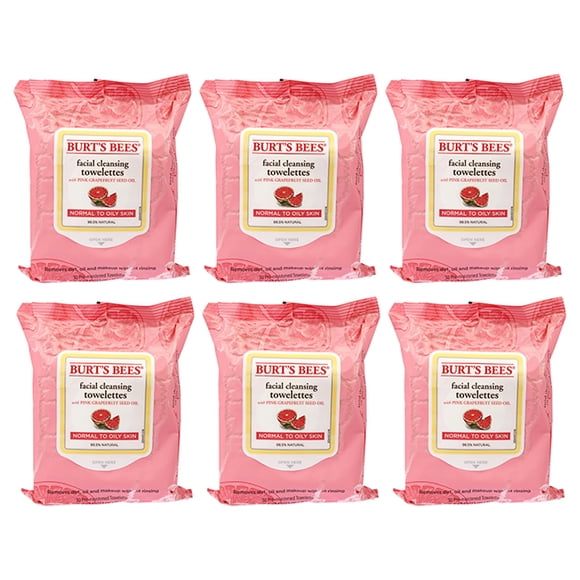 Facial Cleansing Towelettes - Pink Grapefruit by Burts Bees for Unisex - 30 Pc Towelettes - Pack of 6