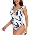 thumbnail image 3 of Goofa Navy Blue Anchor Print Women's Ruffled One Piece Swimsuit V Neck, 3 of 7