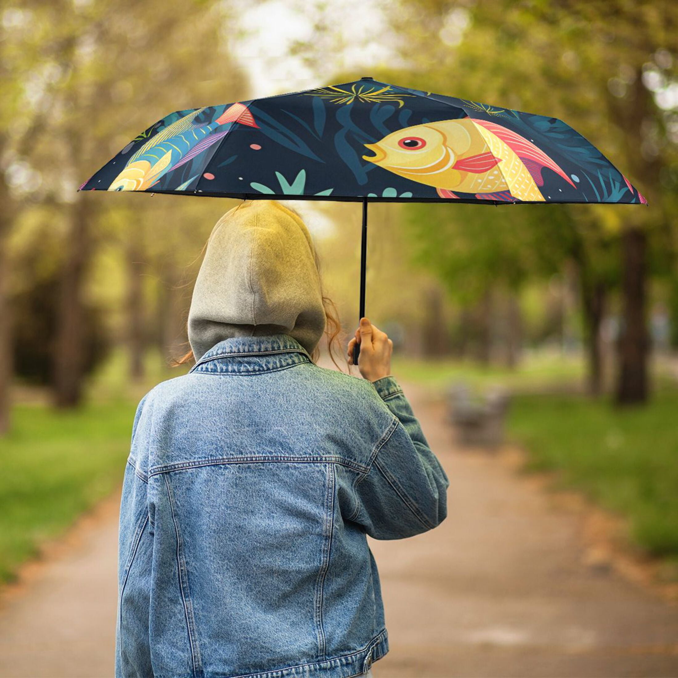 Fishes Compact Folding Umbrella for Rain Windproof Travel Umbrella UPF 50+ Lightweight Packable Arc Size