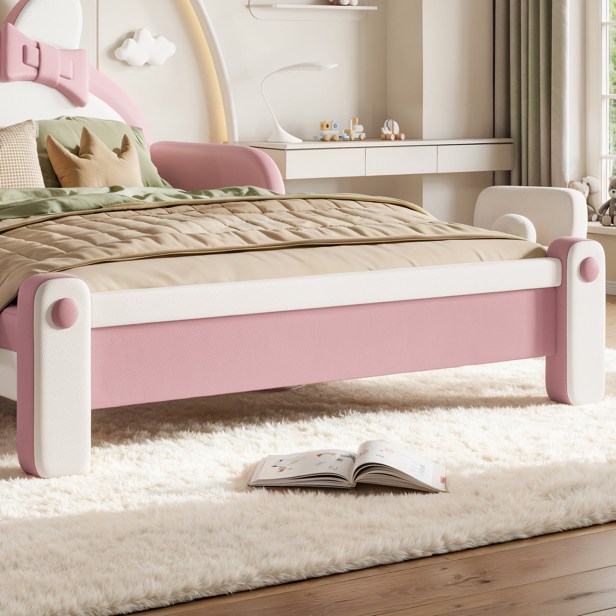 HOQBN Full Size Cute Cat Shaped Upholstered Kids Platform Bed, Princess Style Low Profile Children Bed Frame for Bedroom White & Pink