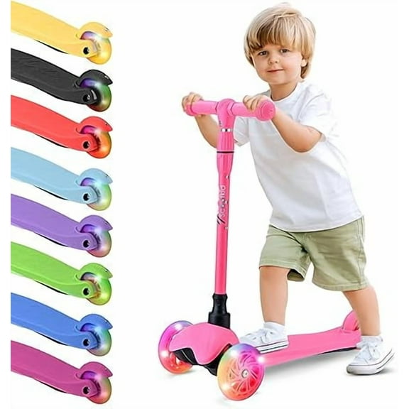 Monopatin Scooter para Niños de 2 a 5 Años Hurtle, 3 Ruedas con Luces LED, Mini Kickboard con Freno, Manillar Ajustable de 63 cm a 71 cm, Antideslizante, Patin del Diablo, Sandia