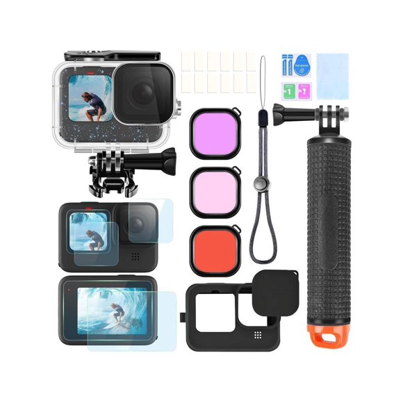 Accessories Kit for Gopro Hero 12 11 10 9 Waterproof Housing Case Underwater Float Handle Silicone Sleeve Lens Cap Tempered Glass Screen Protectors Dive Filters Anti-Fog Inserts Bundle Set