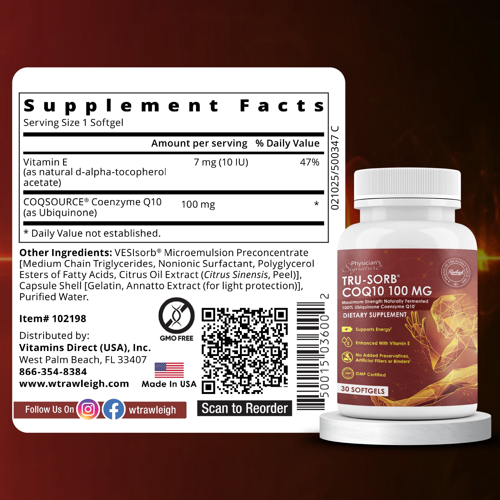 Rawleigh Tru-Sorb COQ10 100mg Softgels Ubiquinone coenzyme Q10 for Hearth Health, 30 Count
