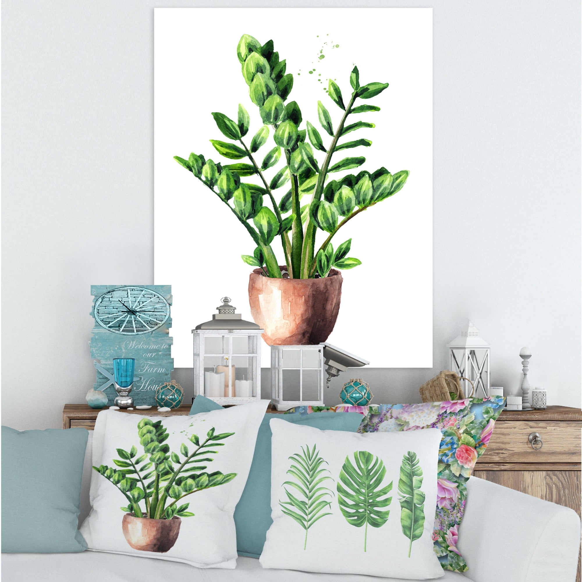 Designart ' Zamioculcas Tropical Plant With Green Leaves On White ' Traditional Canvas Wall Art Print