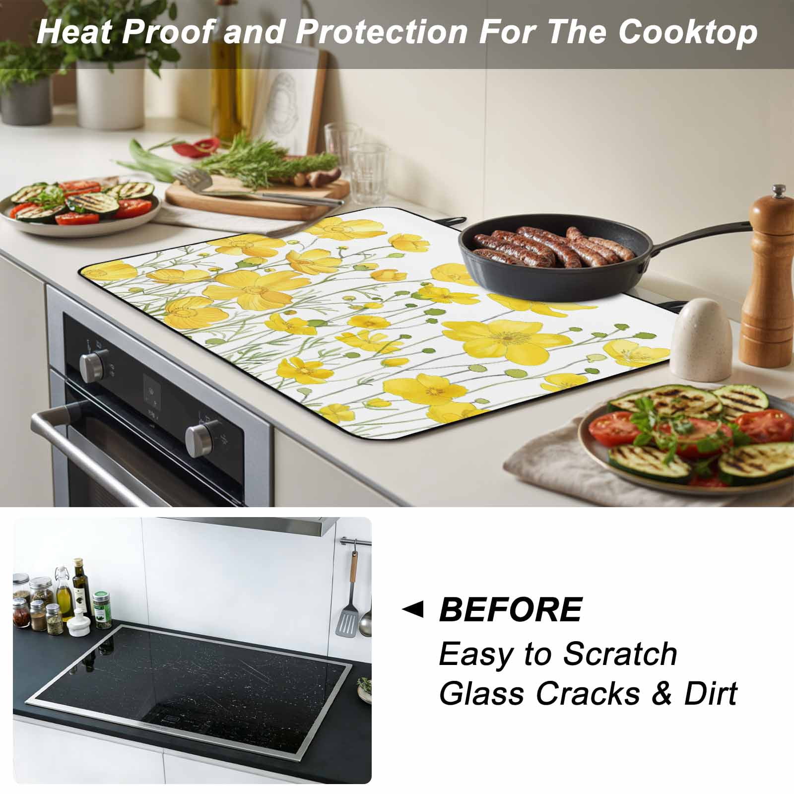Yellow Daisy Stove Top Cover for Electric Stove, Heat-proof & Non Slip Glass Top Stove Cover Protector, Spring Floral Summer Botanical Watercolor Kitchen Flat Cooktop Rubber Mat 28.5x20.5 Inches