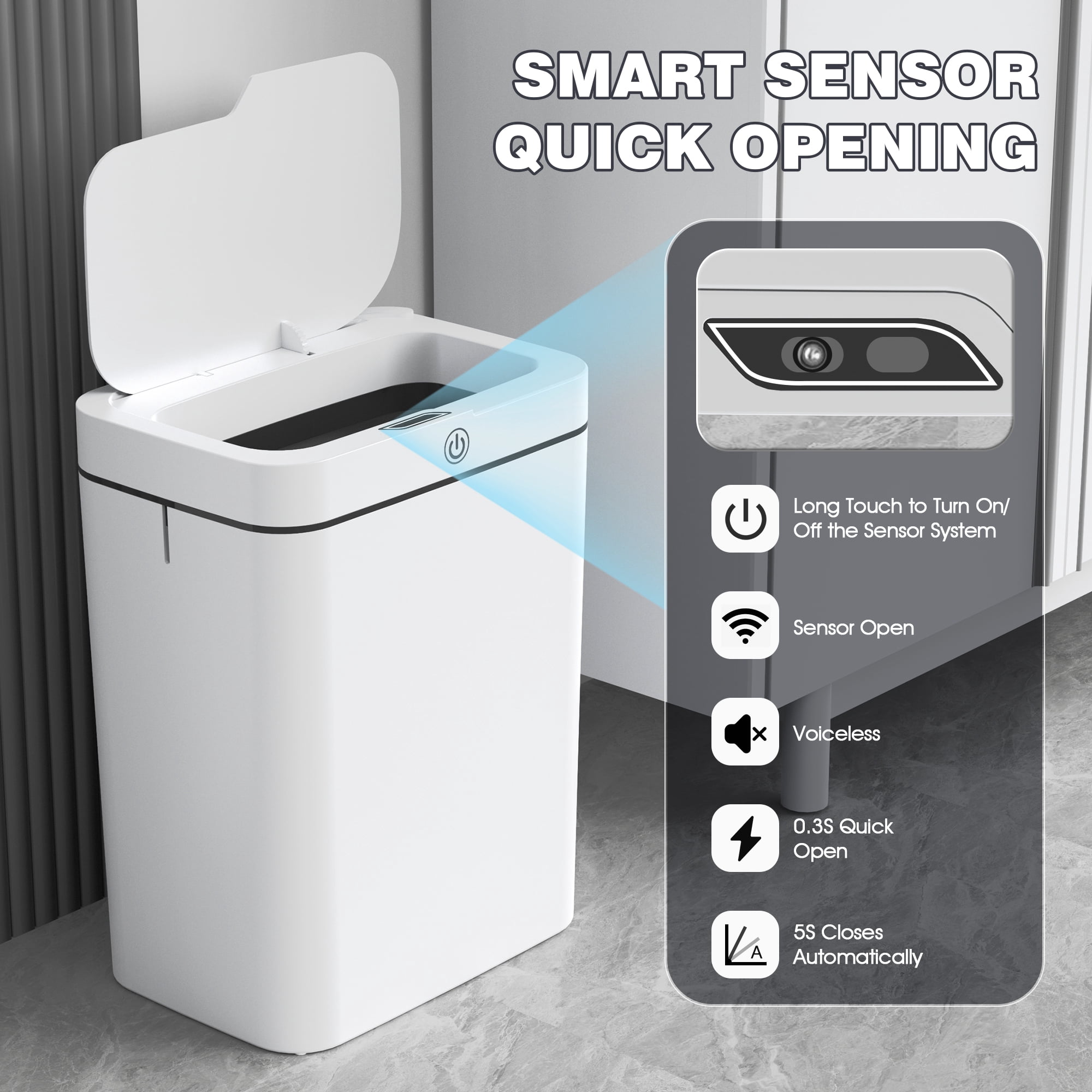 CshidWorld Automatic Bathroom Trash Can with Lid, 3.95 Gallon Touchless Trash Bin, Smart Plastic Slim Garbage Can Small White Wastebasket for Bedroom, Bathroom, Office, Living Room, Toilet, RV