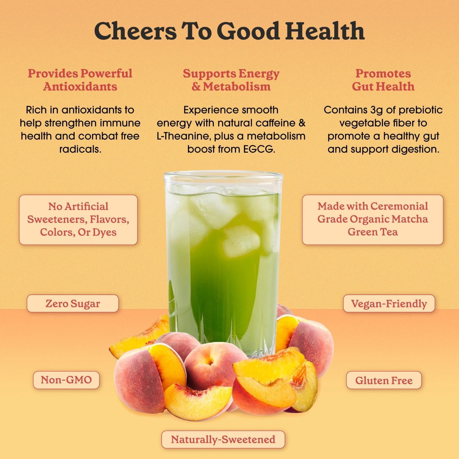 Fit & Lean Matcha Amore Iced Tea, Fruit-Inspired Naturally Flavored Organic Ceremonial Grade Matcha Green Tea, Naturally Sweetened, NON-GMO, Zero Sugar, Peach Iced Tea, 30 Servings
