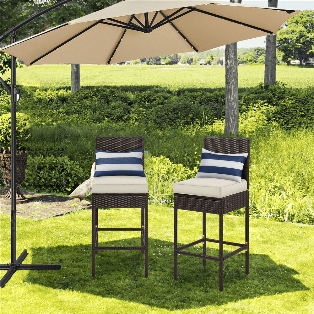 Alden Design 2pcs PE Rattan Bar Stool Set with Cushion for Outdoor, Brown/ Beige