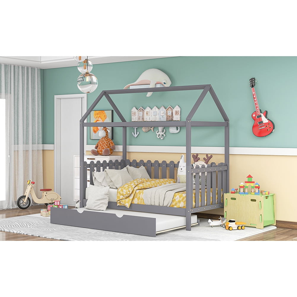 Lowestbest Twin Size House Bed with Trundle and Guardrail for Kids in Gray Lowestbest Twin Size House Bed with Trundle and Guardrail for Kids in Gray