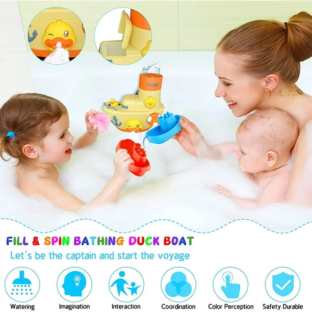 Jouets de bain pour tout-petits bébés, bateau à ventouse avec boîte de gel  douche canard flottant 2 bateaux empilables, mur de baignoire, jouets  d'anniversaire préscolaire cadeaux pour 1-3 3-4 1 2 3