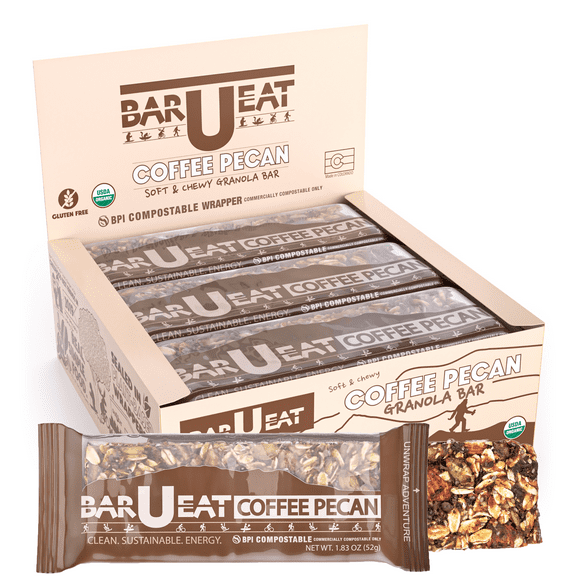 BAR-U-EAT Gluten-Free, Organic, Soft & Chewy Energy Bar. Whole Food Ingredients | Compostable Packaging | No Artificial Sugar | Healthy Snacks (Coffee Pecan 12 Pack)