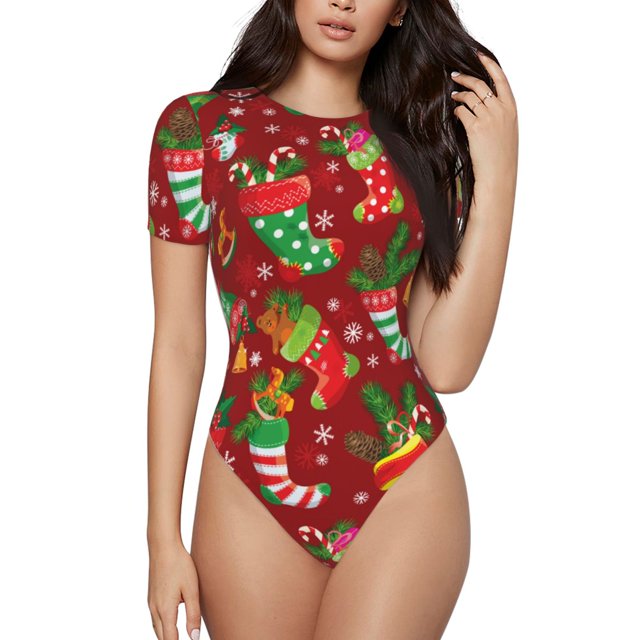 Fotbe X-mas and New Year Body de Mujer con Cuello Redondo y Mangas Cortas, Sin Mangas Ajustado, Suave, Cómodo y Básico-Medium