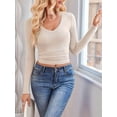 thumbnail image 2 of Long Sleeve Shirts for Women 2025 Fall Fashion V Neck Basics Crop Tops Slim Fitted Y2K Tops Oatmeal Color M, 2 of 8
