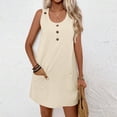 thumbnail image 5 of Sevevn Women's Summer Sleeveless Shift Dress Casual Scoop Neck Button Front Mini Dress with Pockets Beige M, 5 of 9