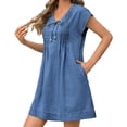 thumbnail image 5 of Summer Cap Sleeve Women Casual  Tie V Neck Loose Denim Mini Dress, 5 of 7