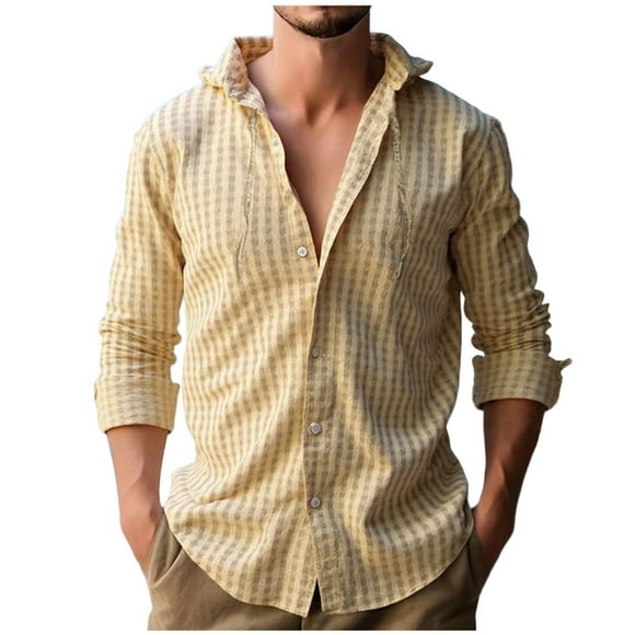 LMKIHUSA Mens Plaid Hoodie Lightweight Thin Long Sleeve Jacket Button Down Drawstring Tops Casual Trendy Fall 2025 Outerwear with Pockets Yellow,XL