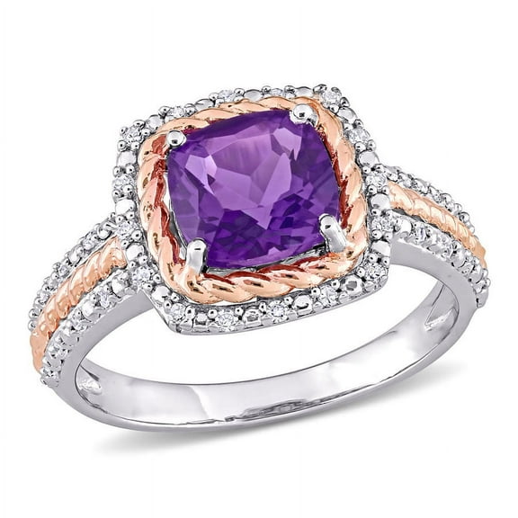 AMOUR 1 2/5 CT TGW Cushion Amethyst and 1/6 CT TDW Diamond Halo Ring In White and Rose Plated Sterling Silver