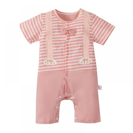 

Retap 0-18M Toddler Baby Boy Girl Striped Stitching Short Sleeve Romper Strap Pattern Bowknot Bodysuit