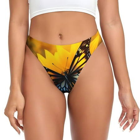 Qokaie Butterfly On Sunflower Printed Women s Cotton Thong Underwear  Sexy Breathable Panties G-string-4X-Large