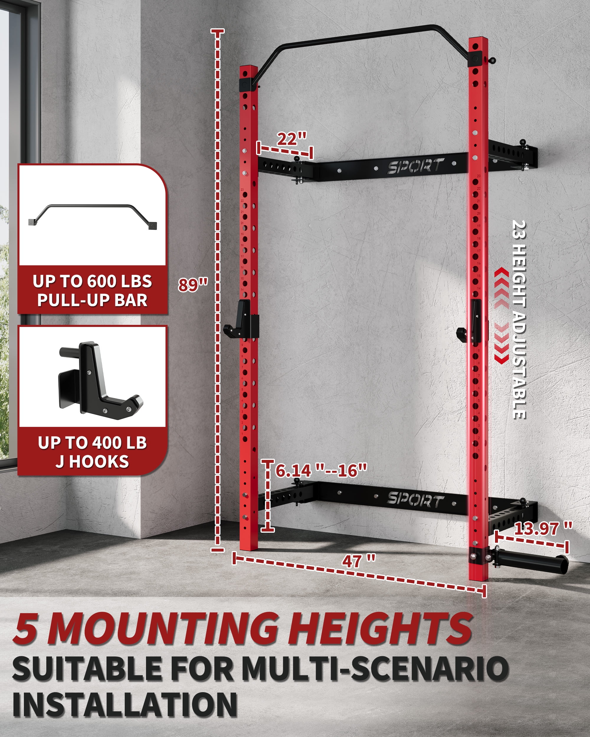 JoanKaren 2.36" x 2.36" Folding Power Rack for Home Gym ,1000lbs Capacity Steel Frame Wall Mounted Squat Rack,Black