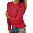 thumbnail image 2 of ICHUANYI Clearance Women Casual Solid Round Neck Lace Hollow Out Long Sleeve Pullover Slimming Blouse T-shirt Tops(Red, L) ICHUANYI WER2023081506540, 2 of 6