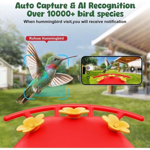 Smart Hummingbird Feeder with Camera Solar Powered,AI Identify Bird Species,Ant Moat,Bee Proof, Notifications,W/32G Card,2K Live Video,Easy Clean & Refill,Ideal Gifts for Bird Lovers