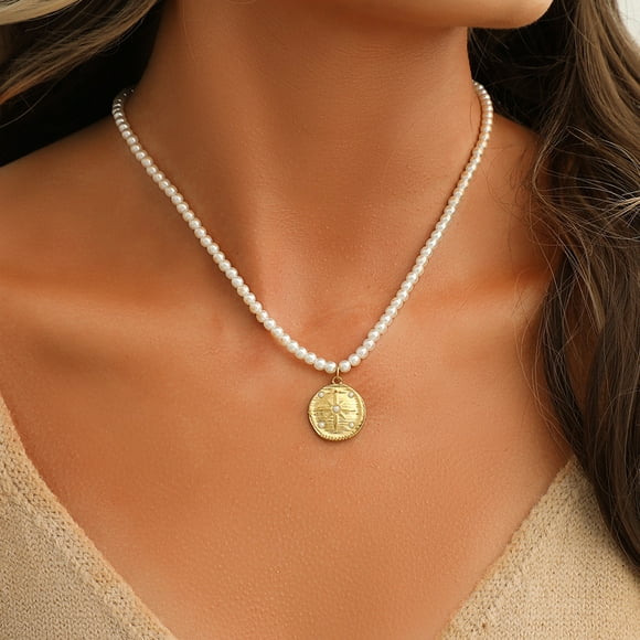 RKSTN Necklaces for Women Gold Pearl Coin Short Necklace Collarbone Chain Necklace Female Jewelry Gifts Necklace