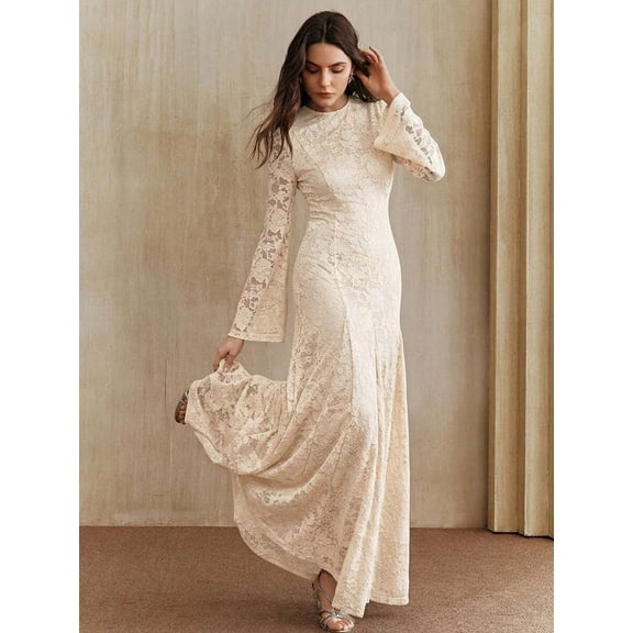Women Apricot Long Sleeve Lace Maxi Dress, Elegant Round Neck Bell Sleeve
