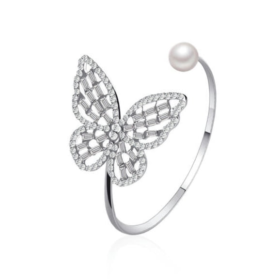 QQTDFG Women 925 Silver Gold Butterfly Bangle Cubic Zirconia Bracelet Wedding Jewelry-#Silver