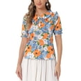 thumbnail image 1 of INSPIRAR CHIC Blusa de Ropa de Mujer con Cuello Peter Pan Floral, Mangas Cortas Abullonadas y Volantes, Talla L Naranja Azul, 1 of 5