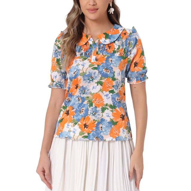 INSPIRAR CHIC Blusa de Ropa de Mujer con Cuello Peter Pan Floral, Mangas Cortas Abullonadas y Volantes, Talla L Naranja Azul