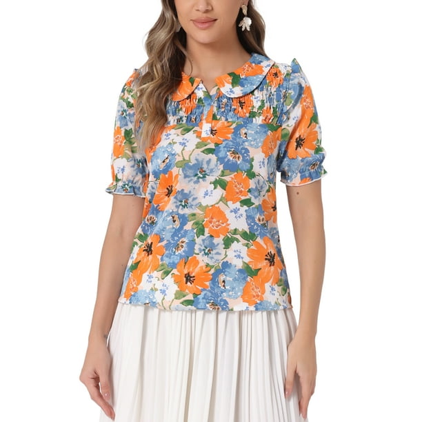 INSPIRAR CHIC Blusa de manga corta con volantes y cuello Peter Pan de flores para mujer XL Naranja Azul