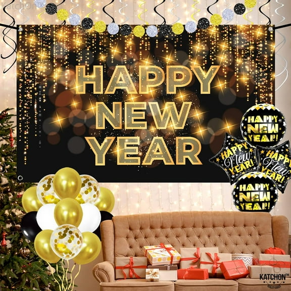 KatchOn Black & Gold New Year Decorations 2026 - Pack of 50 | Banner, Balloons, Backdrop for New Year's Eve Party Supplies