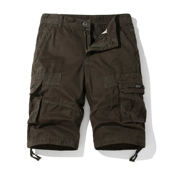 Shorts Men Casual Fashion Solid Shorts With Multi-pocket Button Zipper Elastic Waist Shoort Pants Casual Shorts Men Coffee M