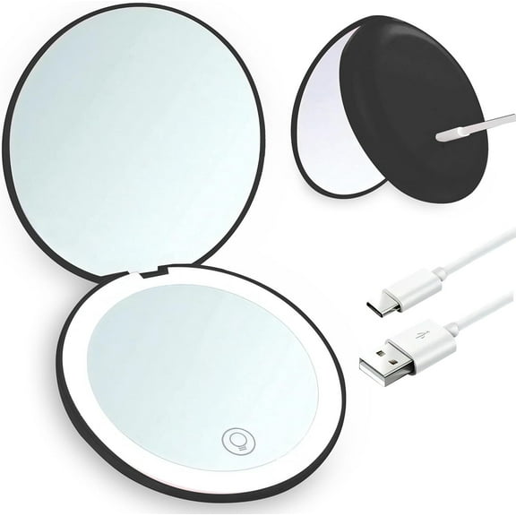 Lighted Compact Mirror, Rechargeable 1X/10X Magnifying Makeup Mirror Portable Natural Daylight Led Travel Makeup Mirror Small Dimmable Illuminated Mirror for Handbag