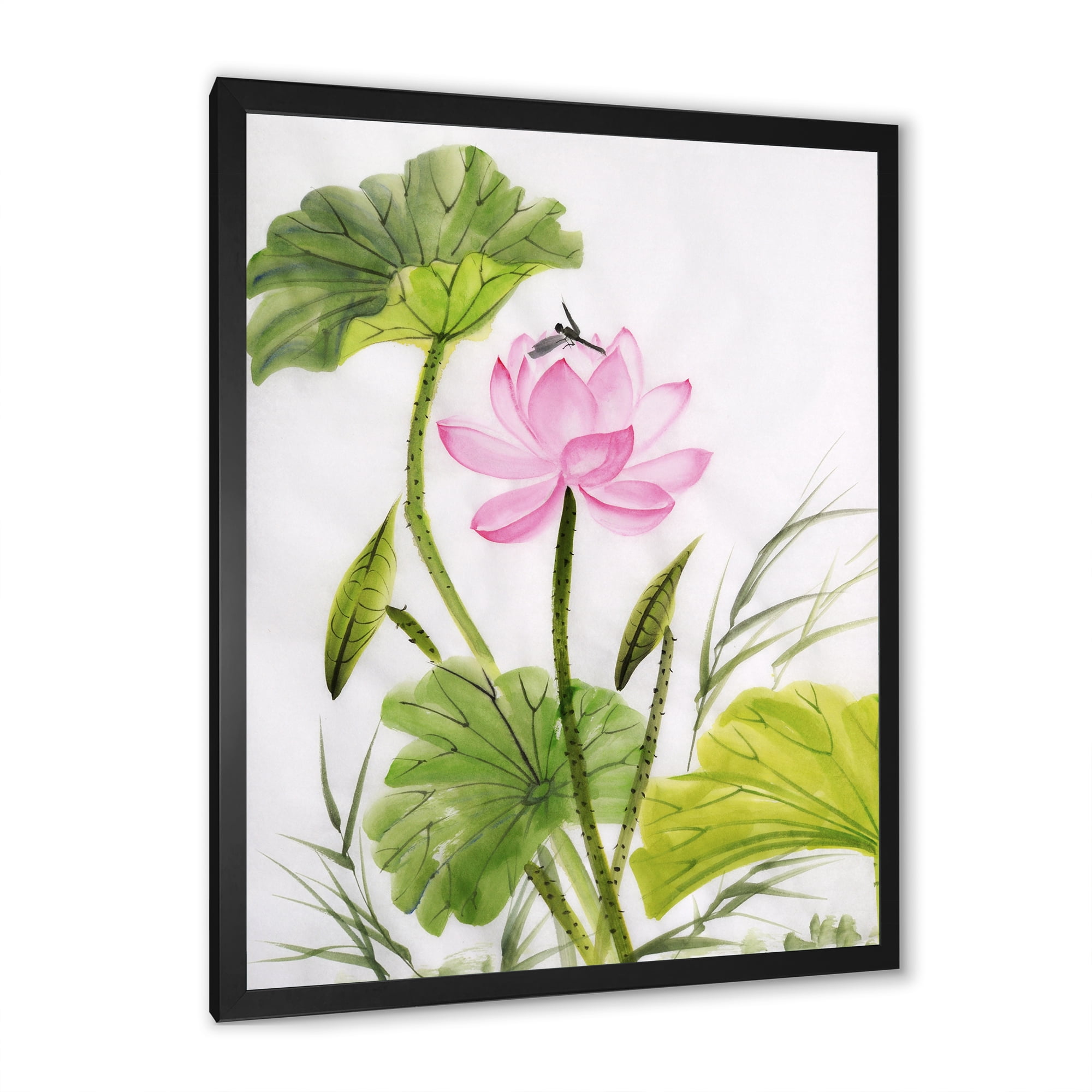 Designart 'Single Vintage Pink Lotus Flower With Green Leaves' Traditional Framed Art Print