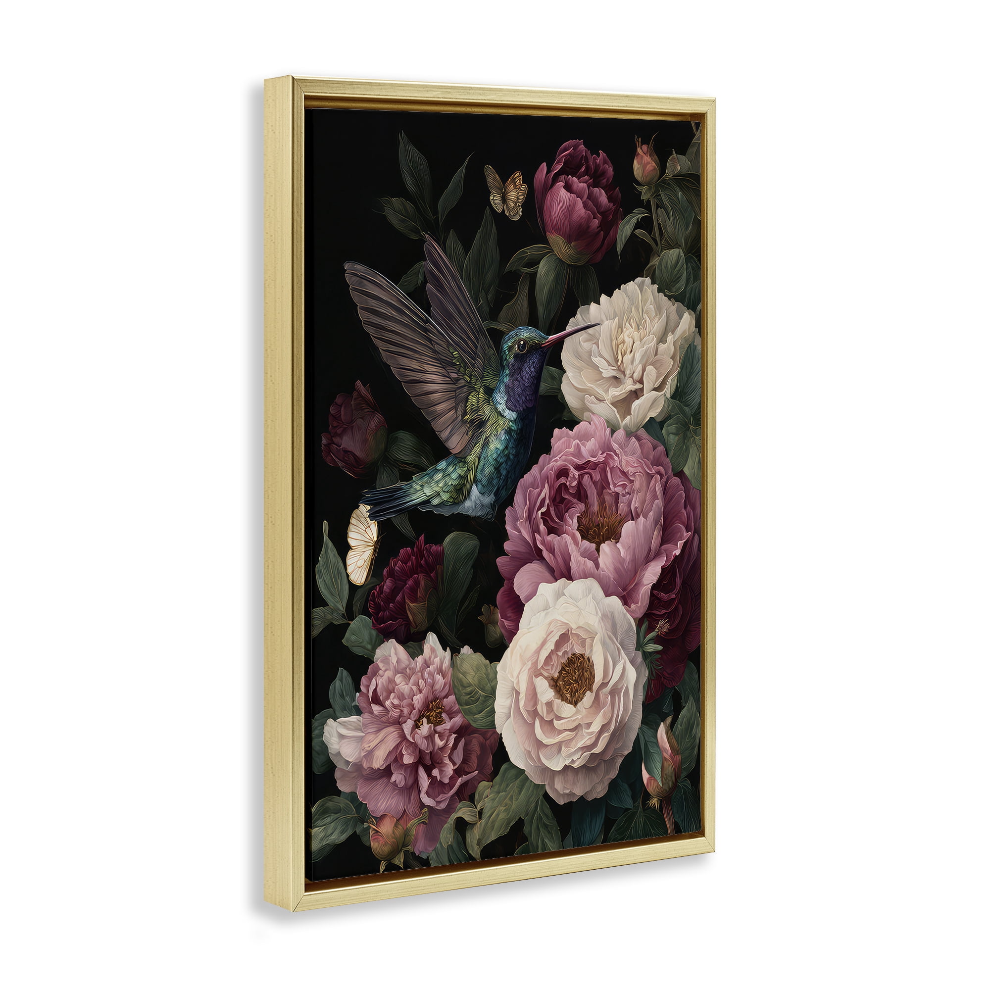 Stupell Industries Hummingbird & Lush Peonies Gold Framed Floater Canvas Wall Art, design by The Wands Want