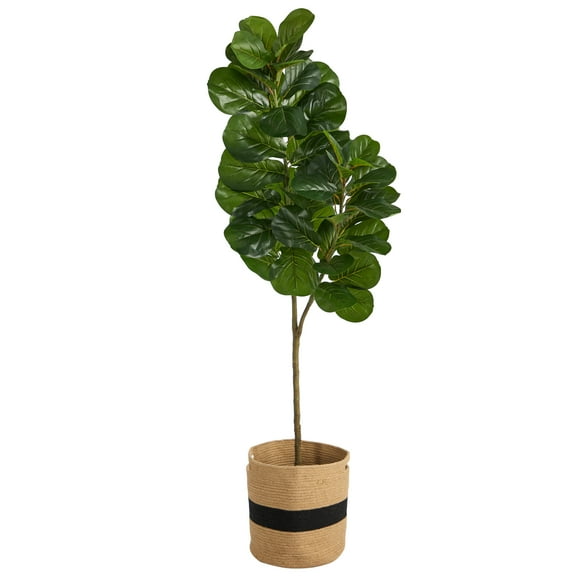 Nearly Natural 5.5' Fiddle Leaf Fig Artificial Tree in Wood Cotton Planter