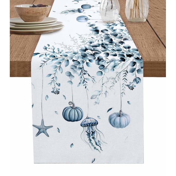 Thanksgiving Coastal Table Runner 60 Inches, Blue Eucalyptus Pumpkin Starfish Bed Runner Dresser Scarves Tabletop for Indoor Outdoor Parties/Ceremony/Banquet, 13" x 60"