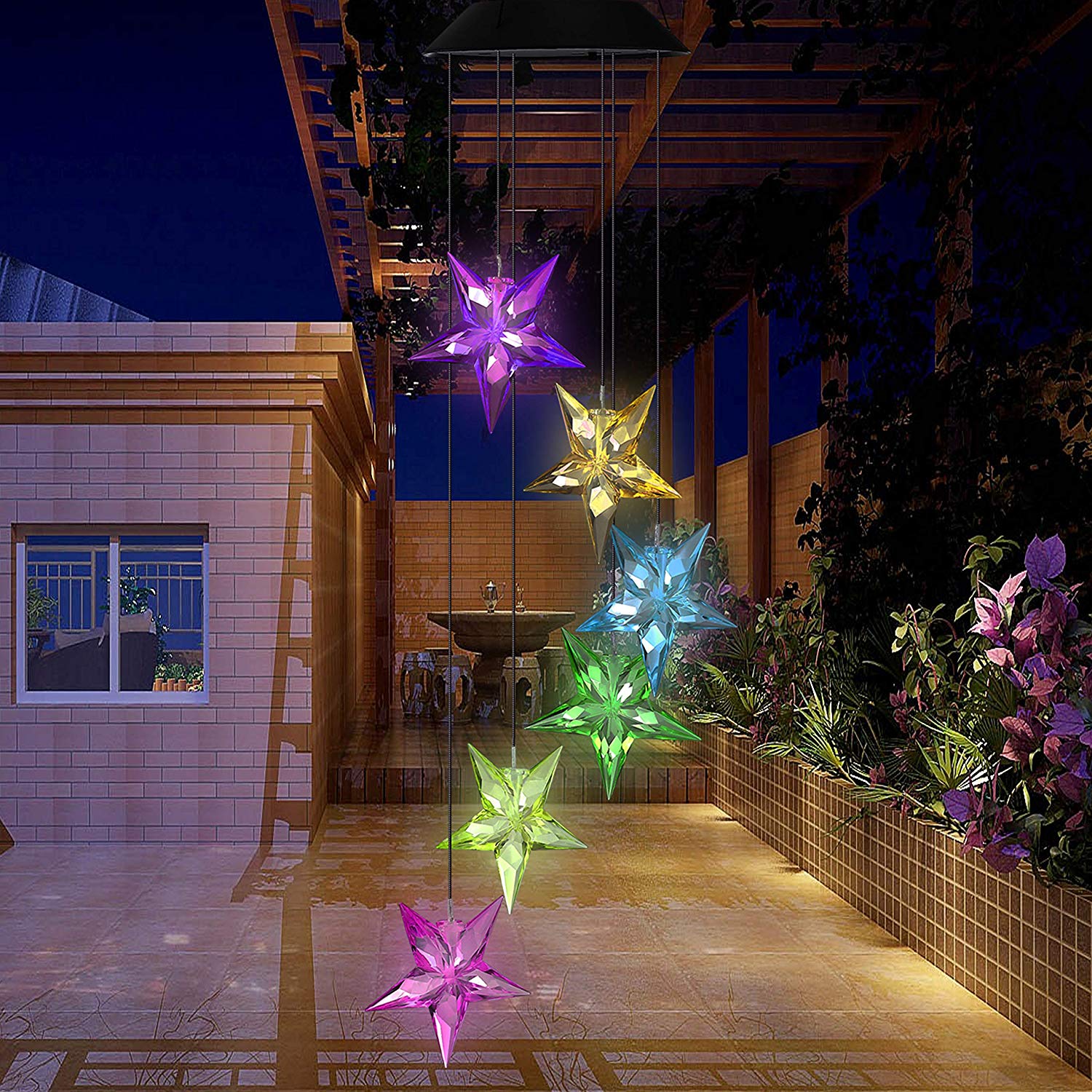 6 LED Solar Powered Star Shape Wind Chimes Light Outdoor Garden Hanging Lamp