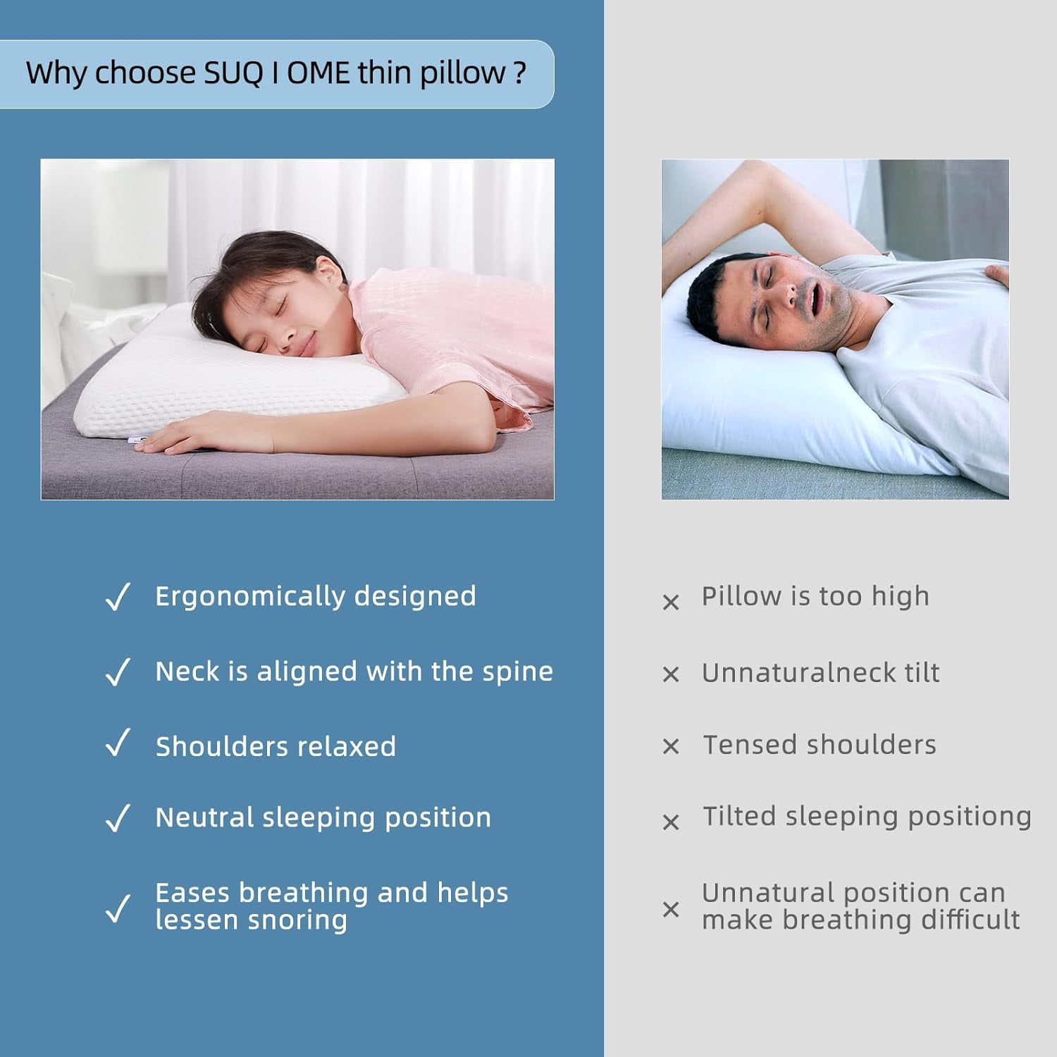 SUQ I OME Slim Sleeper - Ultra Thin Flat Pillows for Sleeping, Cooling Gel Infused Memory Foam Pillow 2.2 inch Height Ultra Thin Pillow,23 x 15.7 x 2.7inches