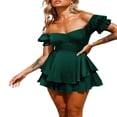 thumbnail image 3 of Women Boho Romper Off Shoulder Double Layer Ruffle Hem Chiffon Short Fairy Princess Mini Dress Jumpsuit Playsuits Black L, 3 of 8